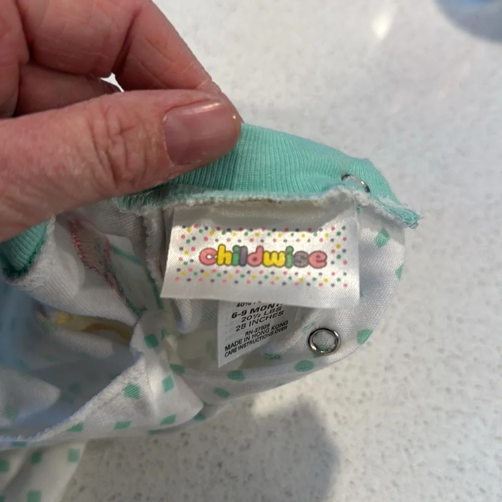 baby onesie w/ word BABY on front w/ pastel colors teal polka dot 6/9 months